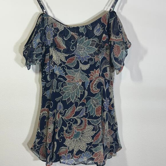 NWT Maeve Mariposa Open Shoulder Ruffled Top Blue Multicolor Sz 2 Anthropologie - Picture 3 of 8